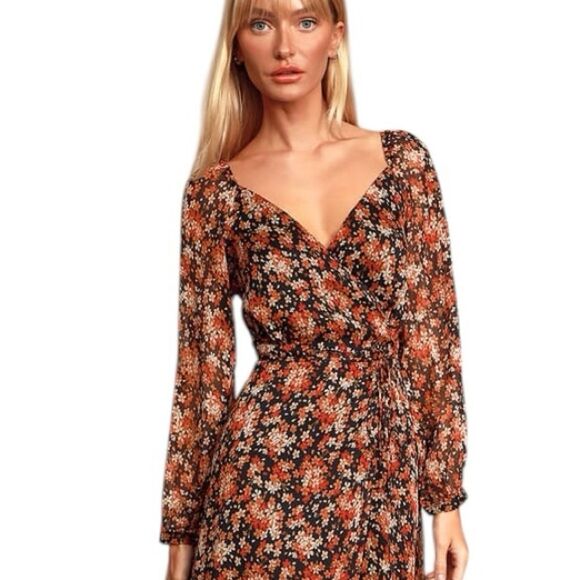 LuLus True To Love Chiffon Wrap Maxi Dress Black Floral Fairy Dark Romantic Chic - Picture 6 of 16